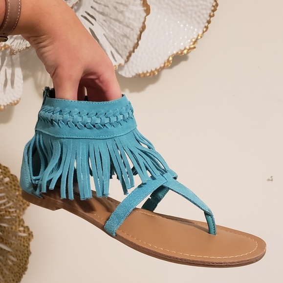 Minnetonka Shoes - AQUA BLUE MINNETONKA SUEDE FRINGE SANDALS Minnetonka Shoes - AQUA BLUE MINNETONKA SUEDE FRINGE SANDALS